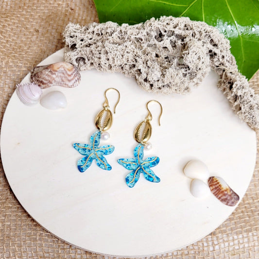 Golden Conch and Starfish Earrings