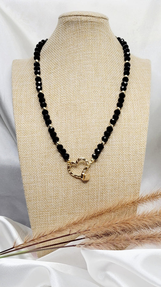 Golden Heart and Black Crystals Necklace