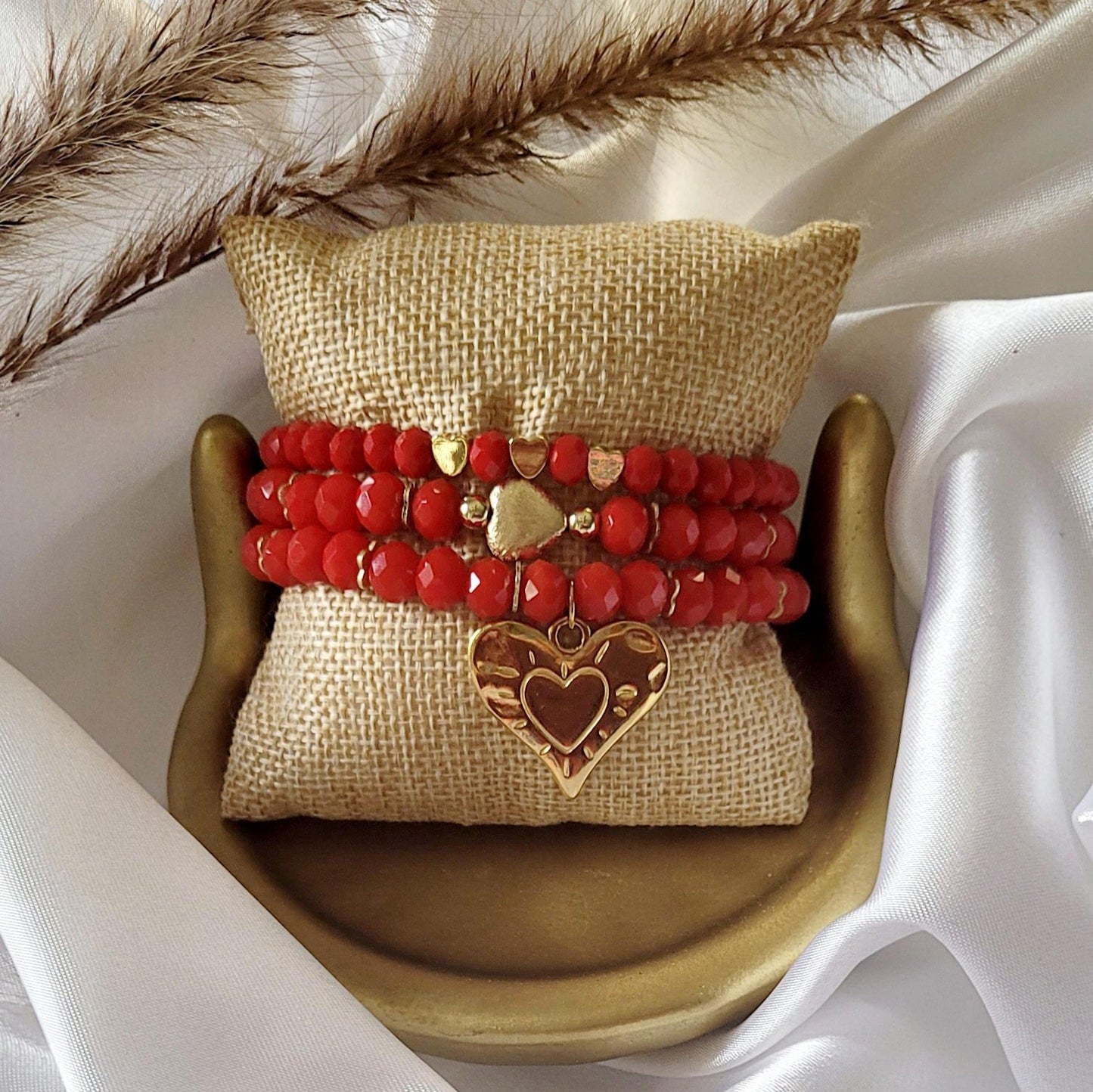 Hearts and Red Crystals Bracelet Set