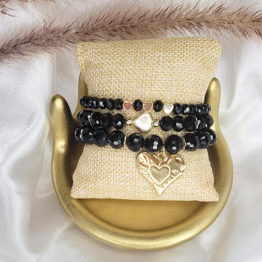 Hearts and Black Crystals Bracelet Set