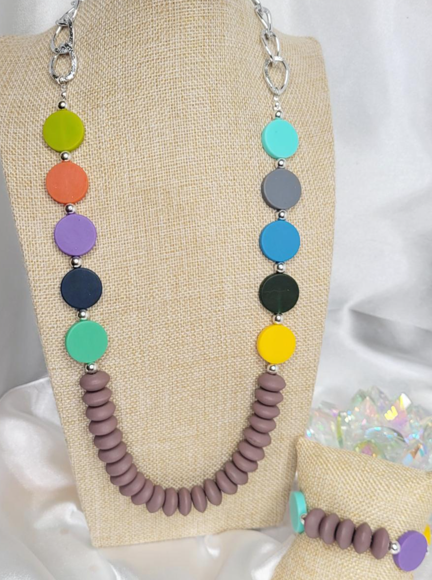 Long Multicolor Silver Necklace and Bracelet Set