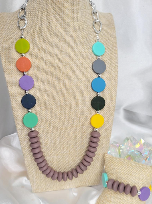 Long Multicolor Silver Necklace and Bracelet Set