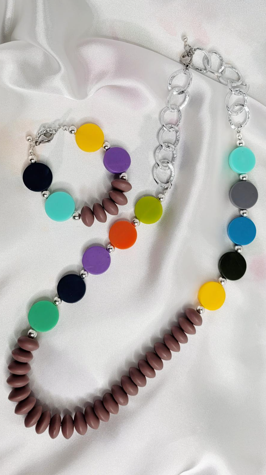 Long Multicolor Silver Necklace and Bracelet Set